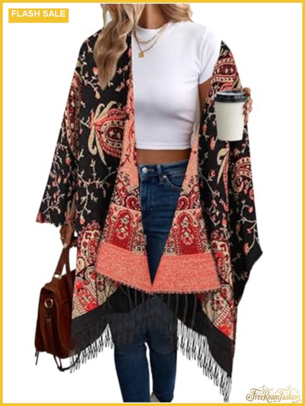 Womens Retro Poncho Cape Boho Shawl Wrap Fringe Open Front Fits Autumn Winter